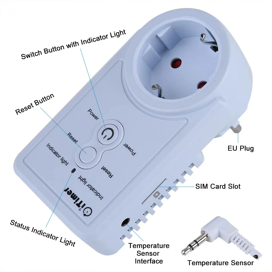 EU Plug GSM Temperature Sensor SMS Remote Control Power Outlet Switch With Telephone Alarm Temperature Query Power Off Function