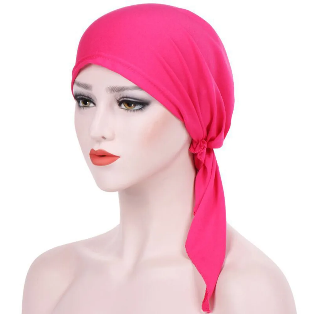 Спальное место#502 Женская индийская шляпа мусульманская гофрированная раковая шапка Хемо шарф Тюрбан два хвоста шапка повседневная одежда однотонная - Цвет: Hot Pink