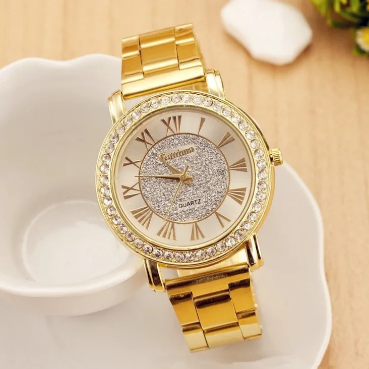 

Luxury Women Watch 2016 Fashion Gold Grind Arenaceous Dial Rhinestone Quartz Watch Men Casual Wristwatch Relogio Business Watch
