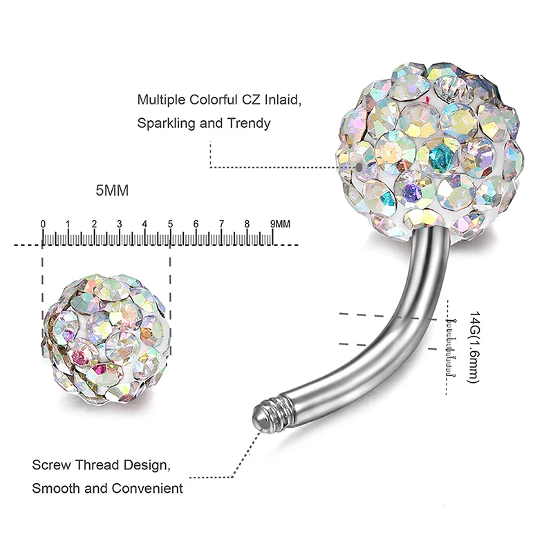 1 шт 14 г для пирсинга пупка Хирургическая Сталь один с украшением в виде кристаллов Стразы пупка Кольца пирсинг пупка Ombligo 5/8 мм шар Nombril