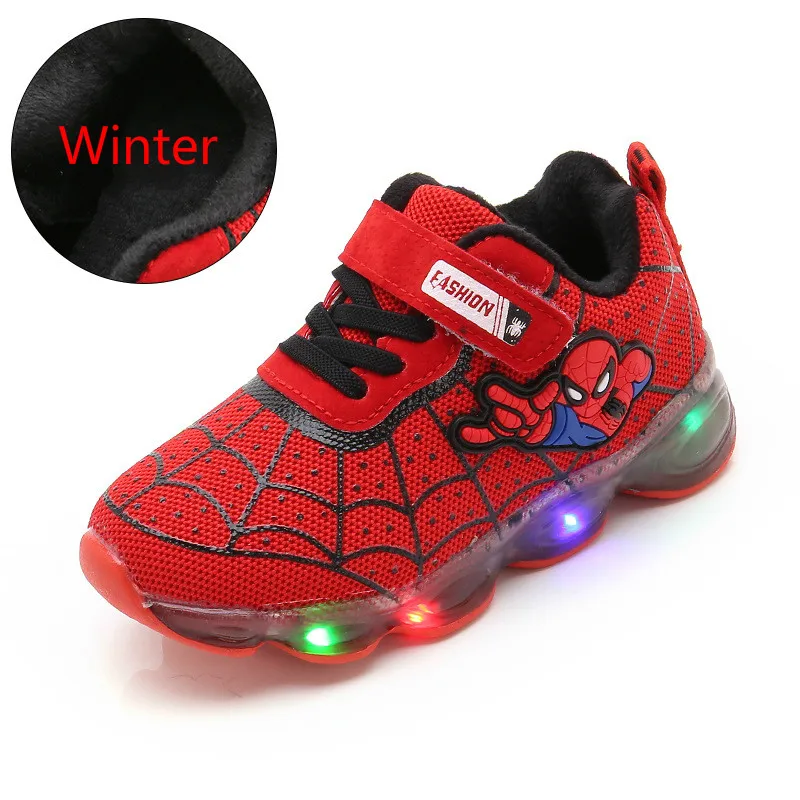 Новинка; сезон весна-зима; детская обувь «Человек-паук»; обувь для мальчиков; Светодиодный светильник; Детские светящиеся кроссовки; нескользящая обувь для маленьких девочек - Цвет: Red Autumn Winter