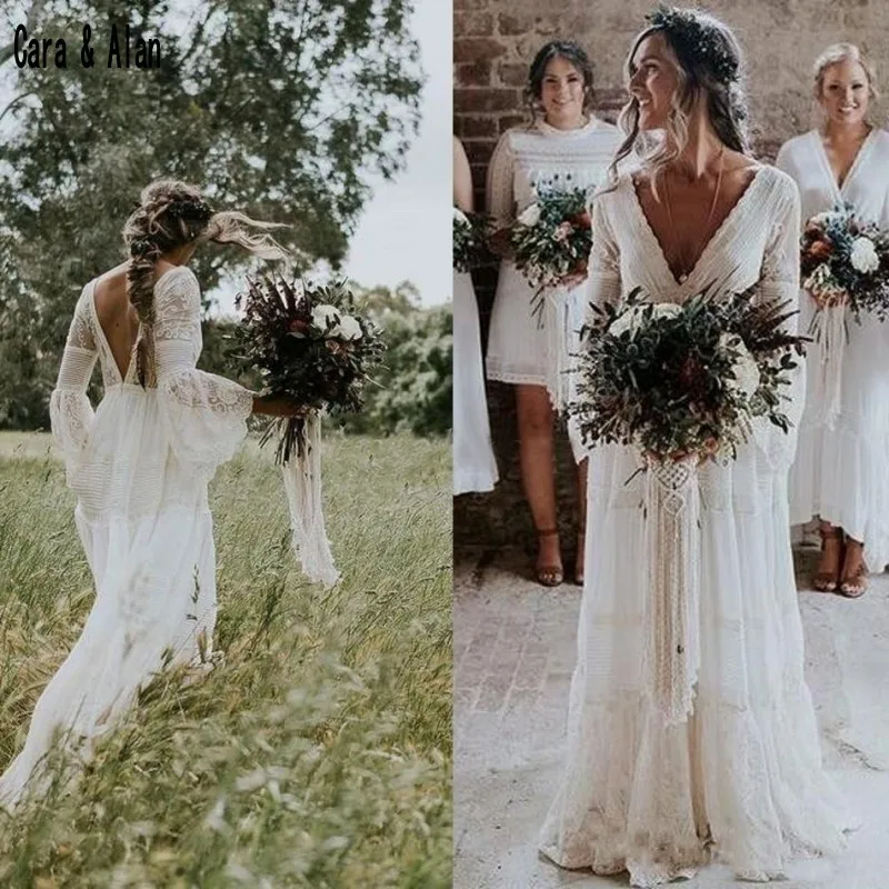 Garden Bohemian Wedding Dresses 2019 V Neck Long Sleeve Lace Sweep