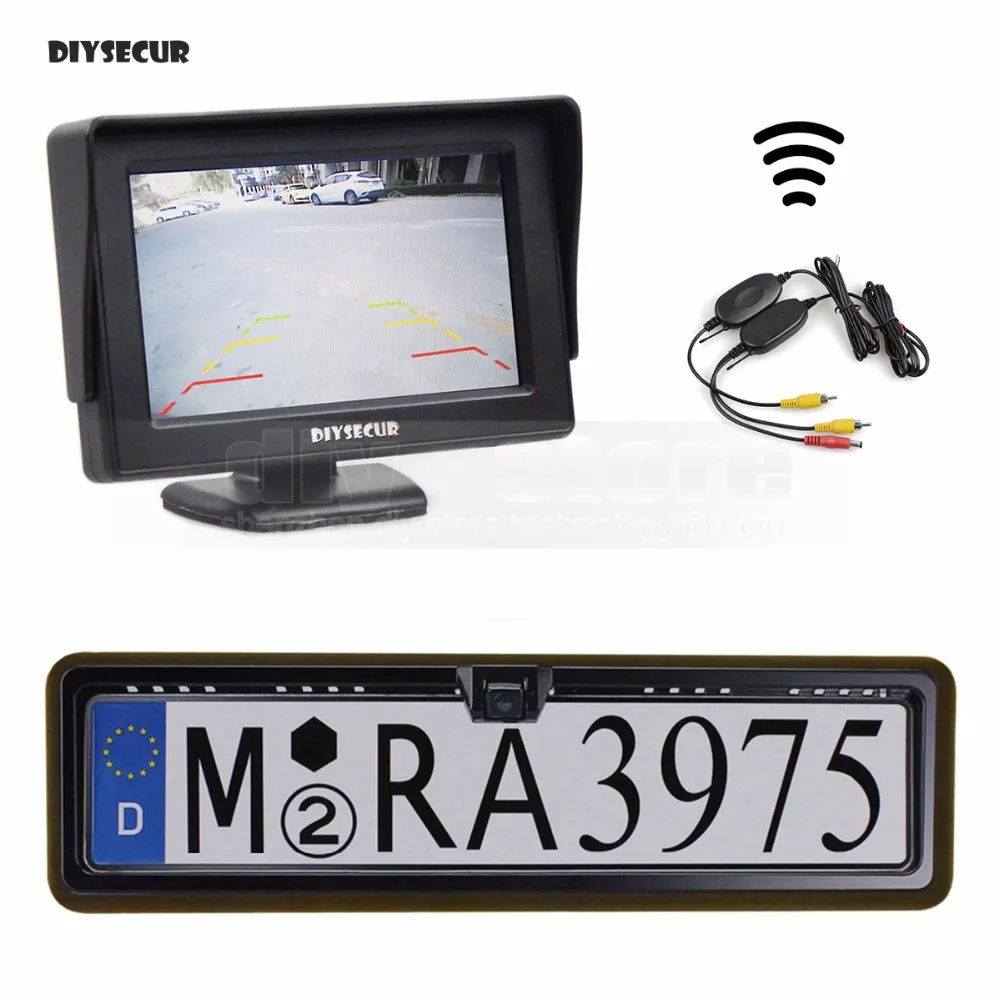 

DIYSECUR Wireless Waterproof European Car License Plate Frame Rear View Backup Camera + 4.3 inch LCD Display Car Monitor
