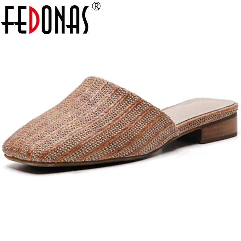 

FEDONAS Women Casual Pumps Quality Cane Party Casual High Heels Summer Shoes Woman Square Heel Elegant Rome Slip-On Sandals