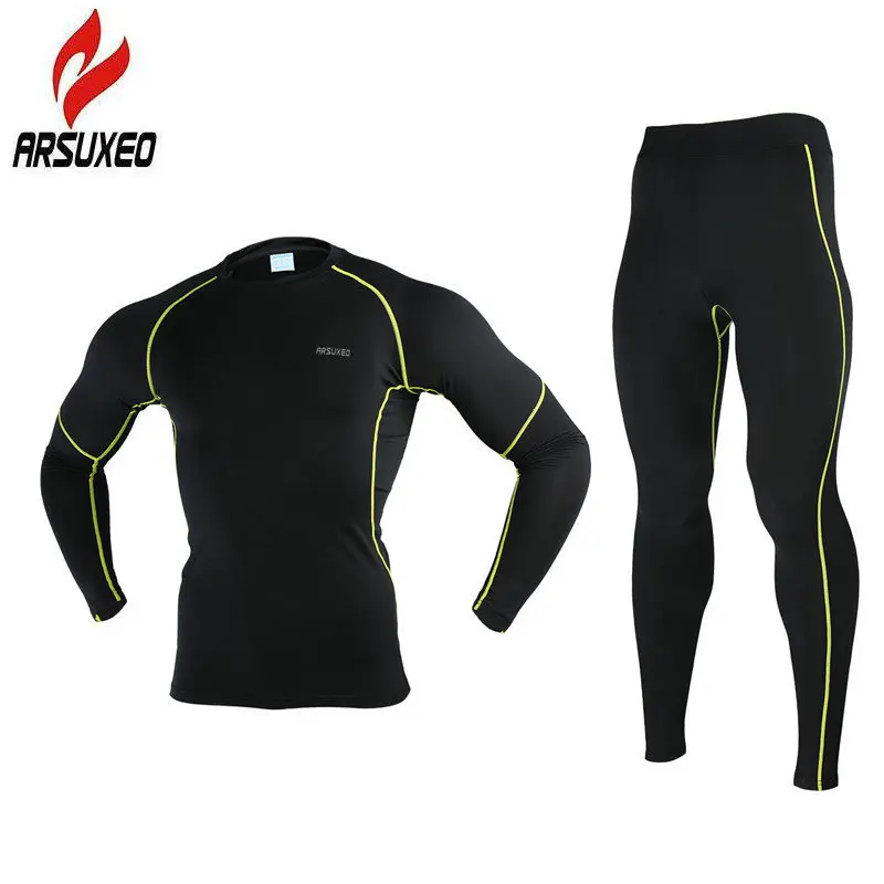

ARSUXEO Mens Thermal Underwear Fleece Compression Cycling Base Layer Shirts Outdoor Running Skiing Jersey Sets Sports Suits