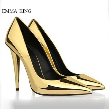 

Sexy Women's Shoes Gold Black Patent Leather Super High Heels Spike Heels Single Shoes Nightclub Party Pumps Chaussures Femme