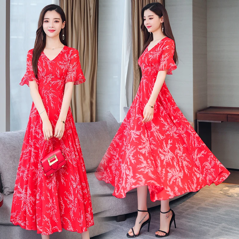 

Make summer dress new female flower red chiffon over-the-knee dresses very big pendulum sweet fairy dress