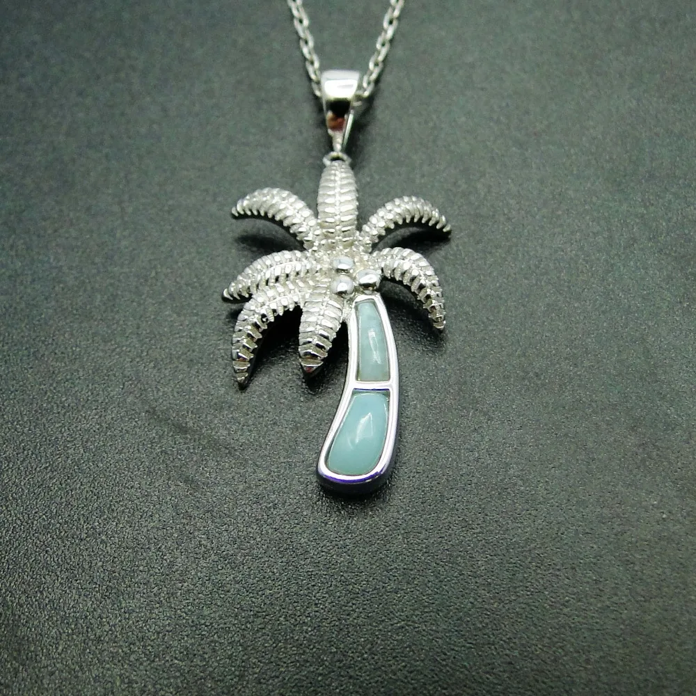 

925 Sterling Silver Real Larimar Pendants Coconut Tree Charms Natural Larimar Jewelry Bohemian Style Pendant without Chain