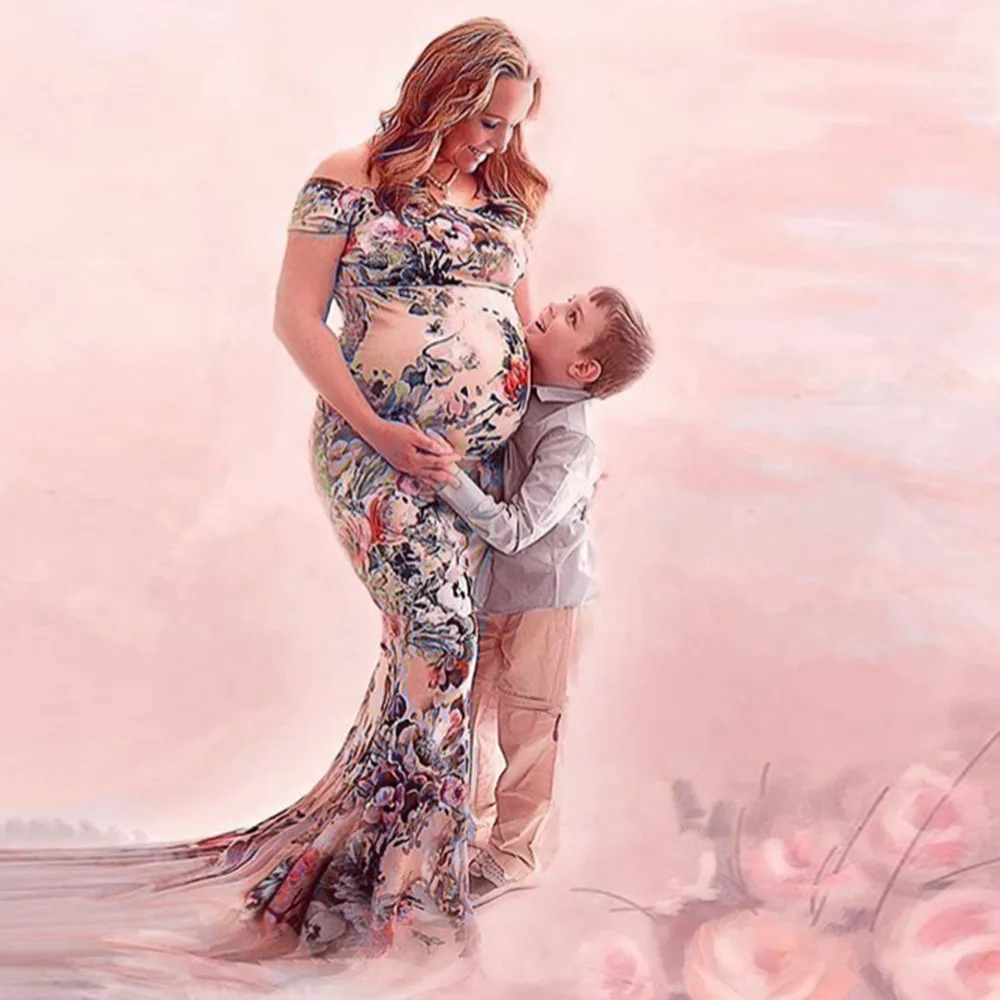 

Long Tail Dresses For Pregnant Women Clothes Print Dress Summer For Photo Shoot Maternity Photography Props Pregnancy Dresses