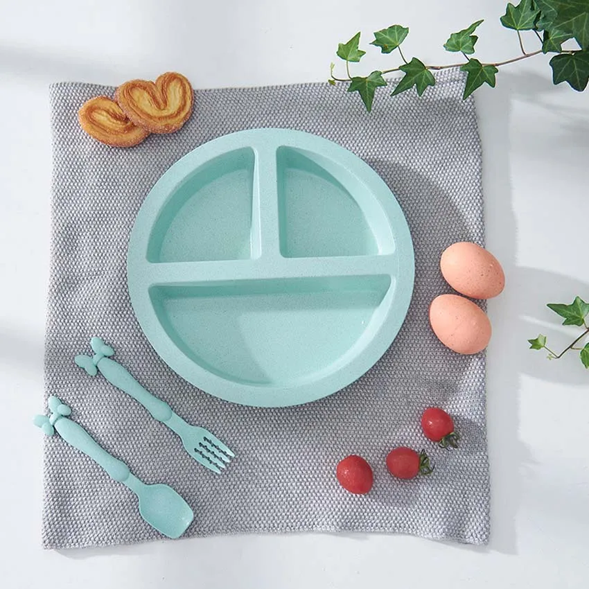 

Toddler Baby Kids Child Feeding Lid Training Bowl with Spoon Cartoon Binaural Baby Feeding Wheat Tableware Children Plate Dish