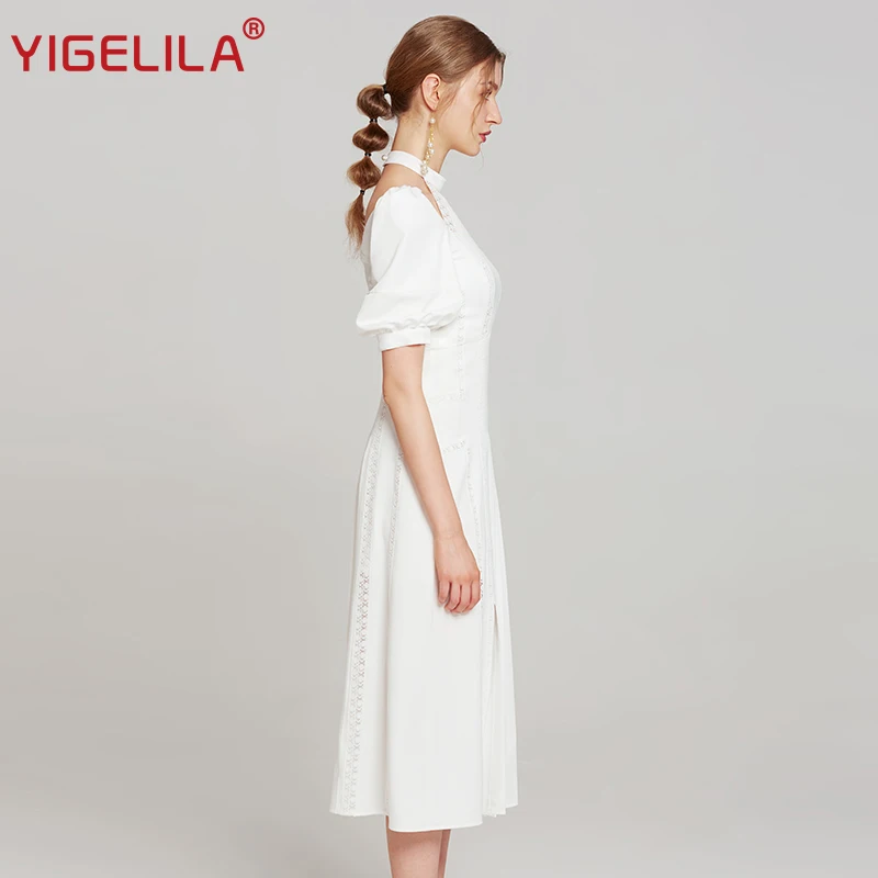 YIGELILA модное женское белое платье с лямкой через шею, вечерние летние платья с рукавами-фонариками, приталенное платье средней длины с разрезом, 63882