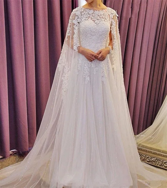 

2017 Luxury beaded and Crystal White Wedding dress Gorgeous With Cape O-Neck A-Line Wedding Gowns Formal Dresses Robe de mariee