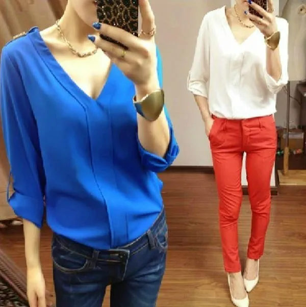 

Women's New Fashion 2017 Spring Summer Autumn Solid Shirt Silk Tops Lady's Sexy V-Neck Rivets Shoulder Chiffon Blouses Shirts