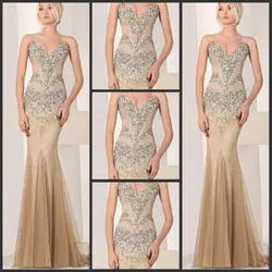 Бесплатная доставка 2016 новая мода vestidos роскошный кристалл бисера формальные невесты шампанское длинные вечерние платья пром платья