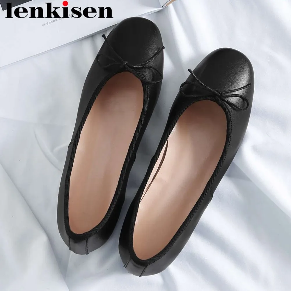 

2019 concise style square toe ballet shoes vocation pregnant leather slip on bowtie slip on hand-sewn leather loafers pumps L26