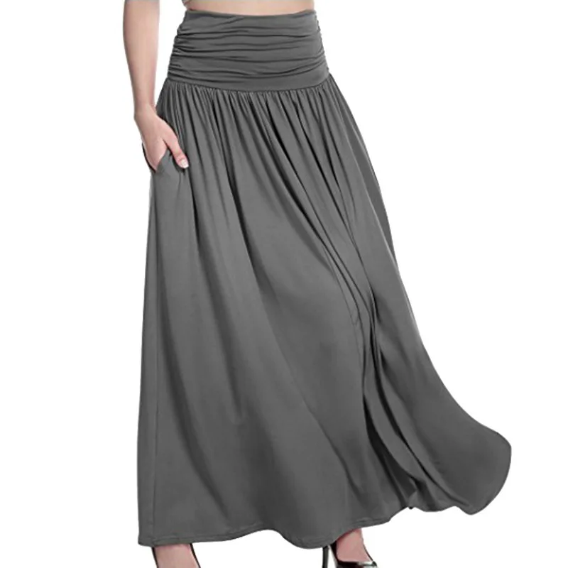

Women High Waist Maxi Loose Skirts Casual Pure Color Flared Long Pleated Solid Skirts Vintage With Pocket Long Skirt Plus Size