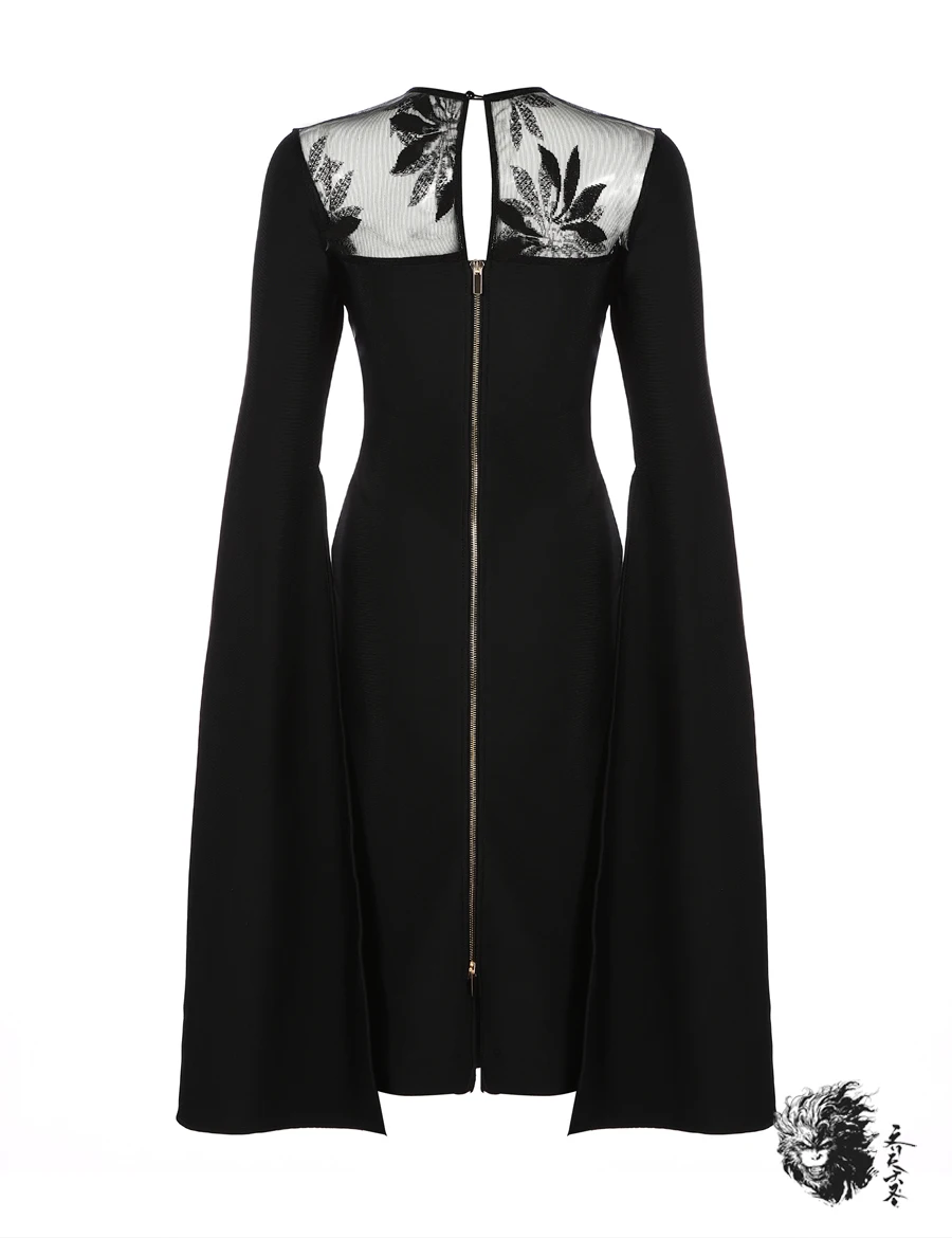 Зимнее новое длинное расклешенное черное Бандажное платье женские сетчатые вечерние платья с круглым вырезом