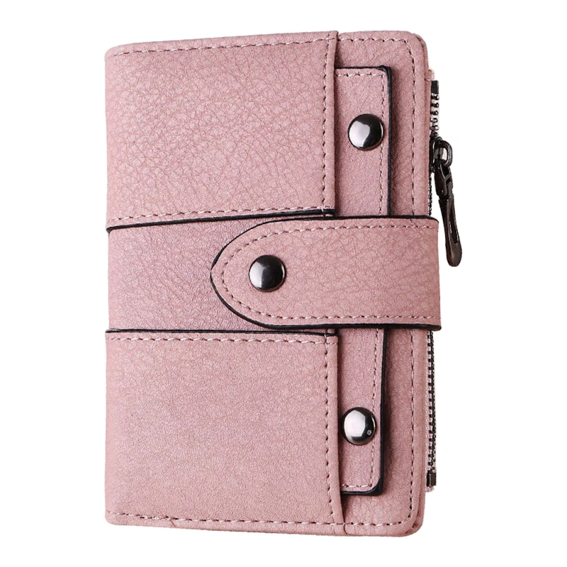 Портмоне для женщин короткие Trifold кошелек ретро заклёпки дизайн Hasp матовые кожаные женские держатель для карт для документов - Цвет: Розовый