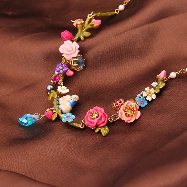 

French Dyxytwe Enamel glaze Crystal Necklace Fashion Flowers birds Jewelry For Women Trendy Party Jewelry
