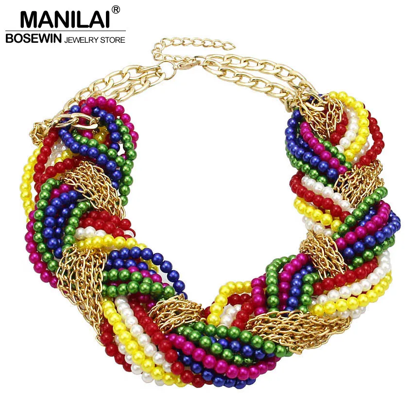 

MANILAI Multi layer Simulated Pearl Statement Chokers Necklaces For Women Handmade Woven Chain Multicolor Beaded Chunky Necklace
