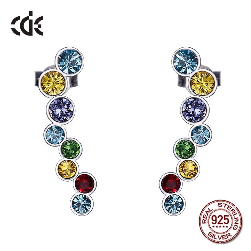 

100% S925 Sterling Silver Colorful Crystals from Swarovski Stud Earring For Women Geometric Wedding Party Vintage Christmas Gift