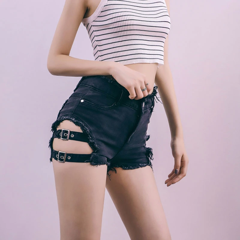 Sexy Women Jeans Denim Side Hollow Ripped Shorts Casual