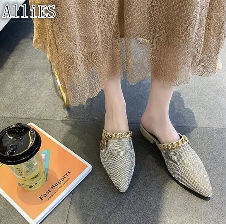

AlliES Baotou wear 2019 spring and autumn new rhinestone sandals metal non-slip chain female slippers A233