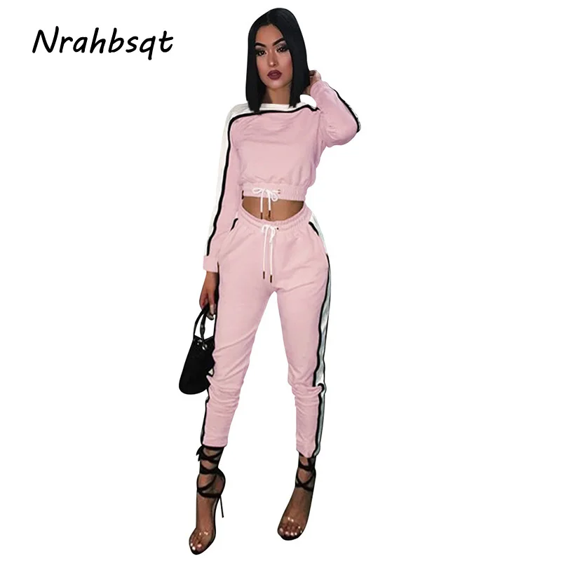 

NRAHBSQT Sexy Tracksuit 2 Piece Set Long Sleeve Sport Top +Trousers Fitness Women Sports Jogging Suits Pink Running Set RS042