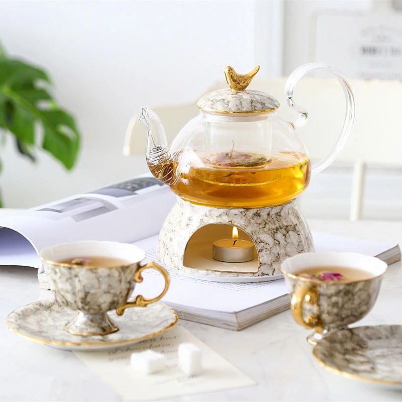 

Nordic British Afternoon Tea Lady Flower Teapot Set Boiling Coffee Set Candle Heating Fruit Teapot with Cups