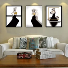 

Black and white gold fashion girl canvas poster print abstract modern home decor wall art painting decorative picture