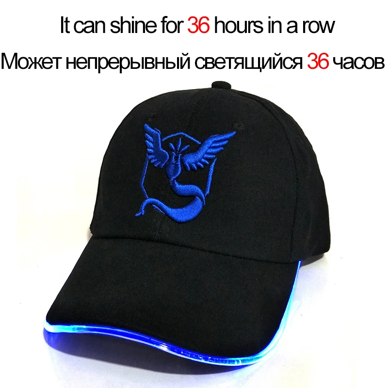 2018 New LED Light Pokemon Go Cap Hat Team Valor Team Instinct Pokemon Baseball Cap for Women Mens Fitted Hats Glow In The Dark 