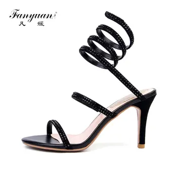 

Fanyuan Women Sandals Genuine Leather Glitter Strappy Snakes Sandals Summer Shoes Stiletto Heels Elegant Gladiator Shoes Black