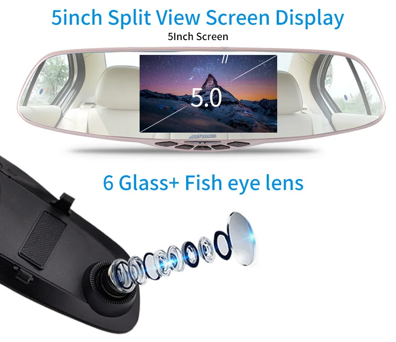 Denicer 5 Dual Camera Rearview Mirror FHD 1080P 30Fps Rear View Camera 170 Degree Dash Camera Car Camcorder Dvr Mirror