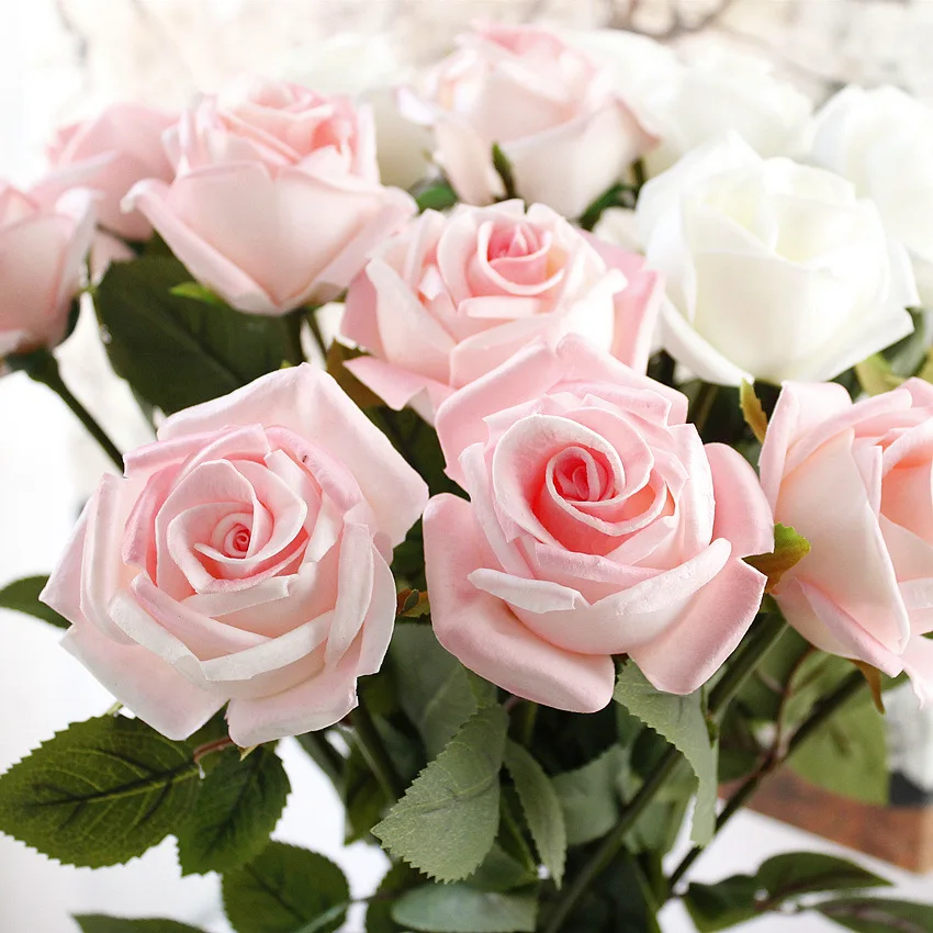 1 шт. розы Искусственные цветы Свадебные цветы букет невесты ПУ реального прикосновения Роза Букеты Свадебные дома вечерние цветы белый розовый