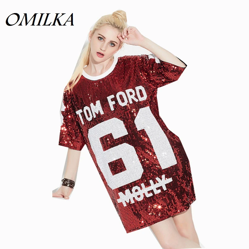 

OMILKA 2020 Spring Women Short Sleeve Letter Printed Long Sequined T Shirt Casual Loose Harajuku Hip Hop Club Bling Sequin Tops