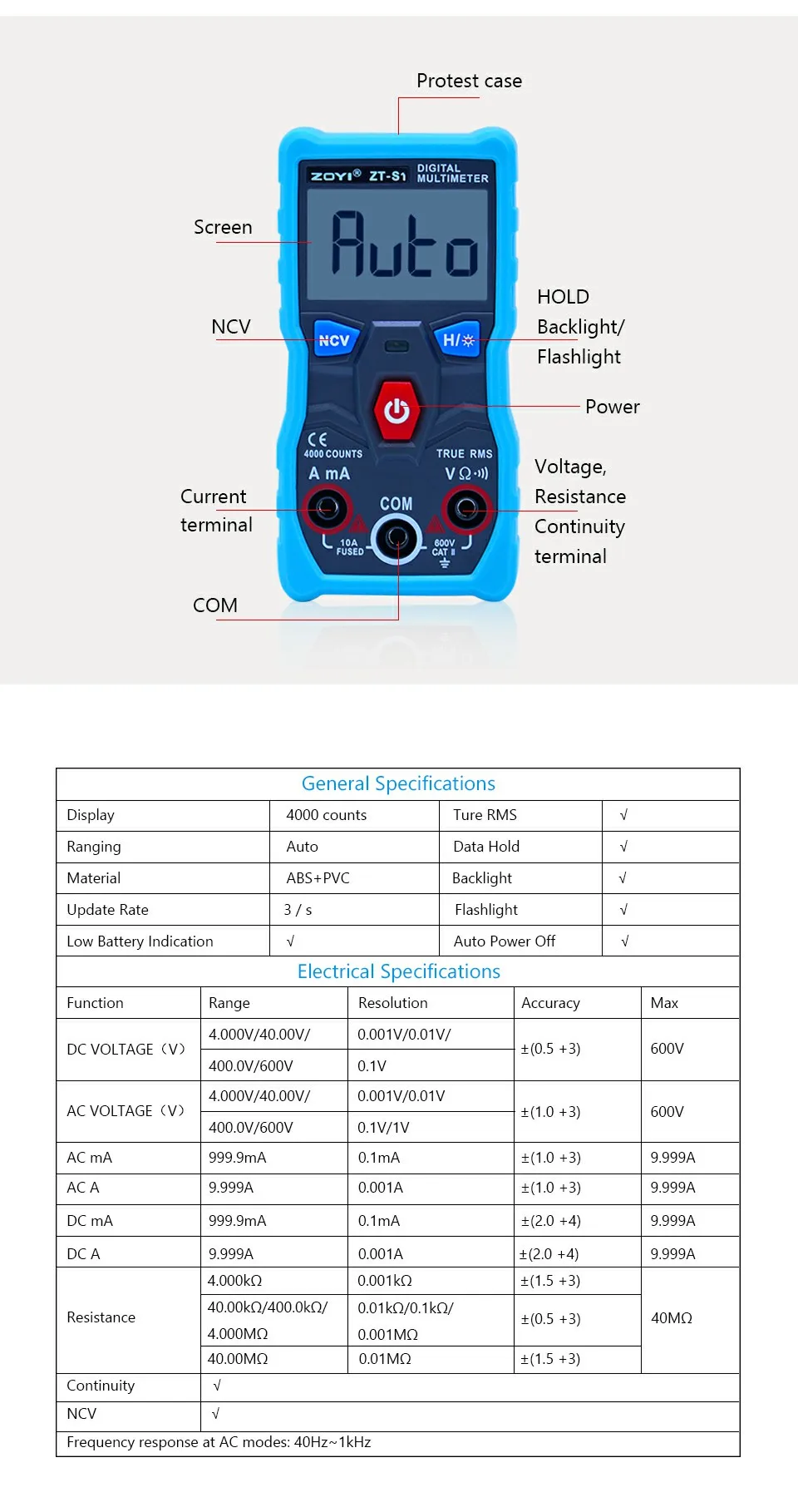 ZT-S1 Автоматический цифровой мультиметр True-RMS intelligent NCV 4000 Counts AC/DC Напряжение Ток Ом тесты инструмент