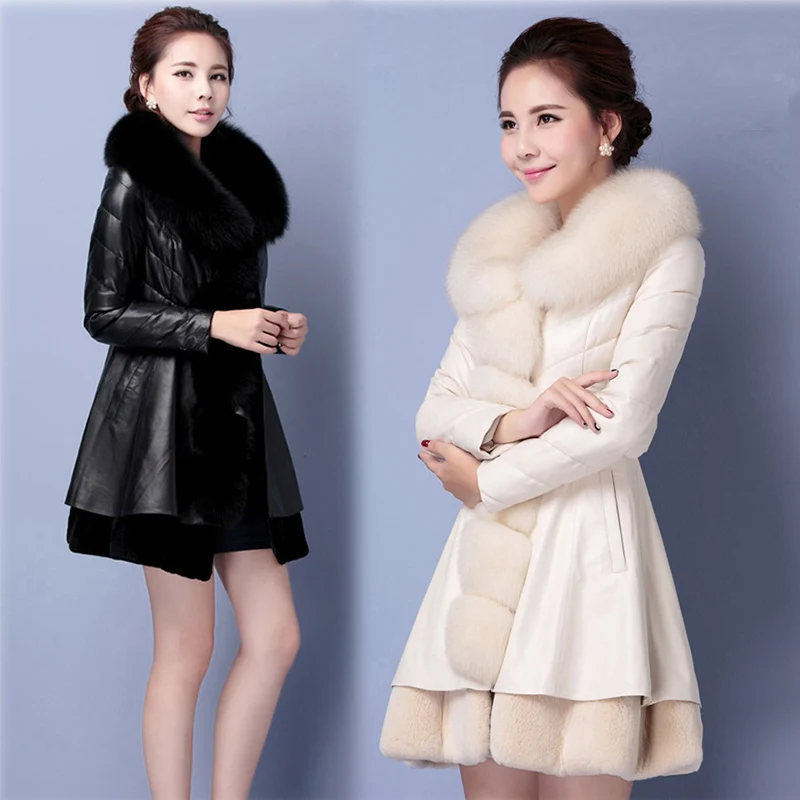 White And Black Long Faux Fox Fur Coat Women Winter Jacket