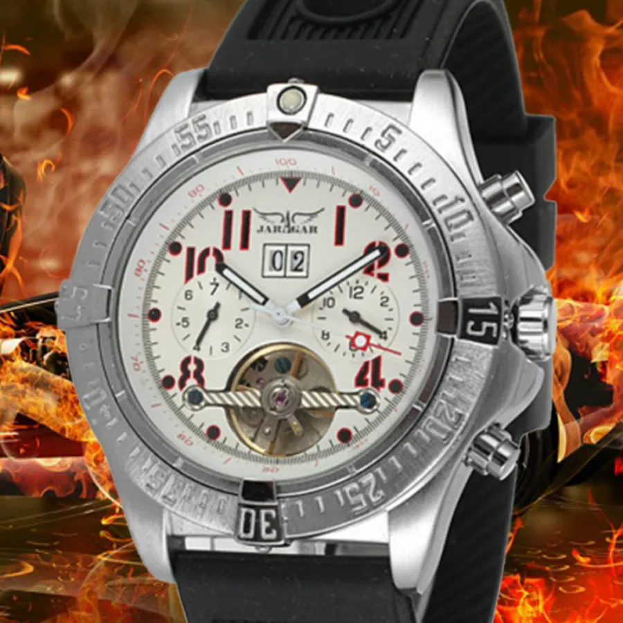 

JARAGAR Men's Dress Leisure Mechanical Wrist Watch Tourbillon Colored Hands Soft Silicone Strap Concise Design Auto Calendar