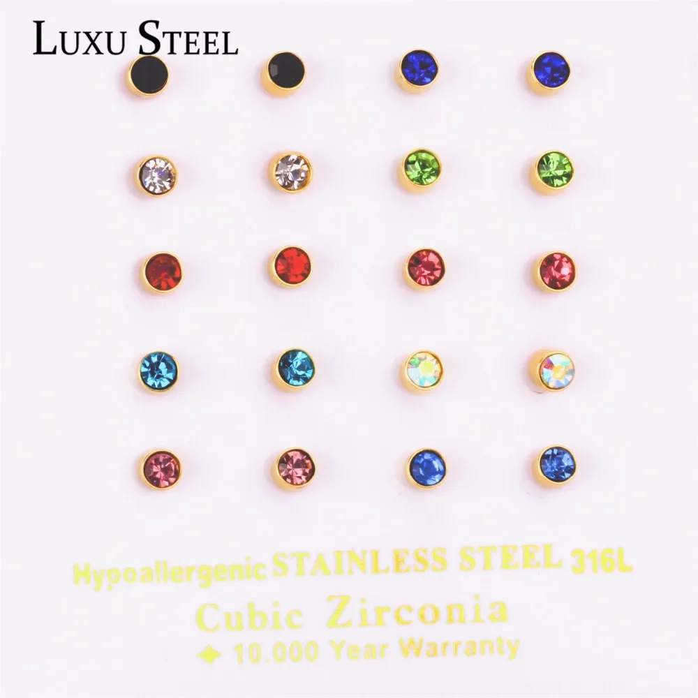 Серьги гвоздики LUXUSTEEL из нержавеющей стали серьги с красным и синим камнем для