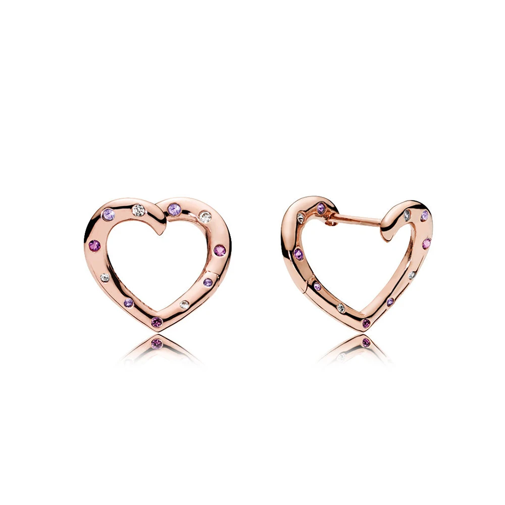 

NEW 100% 925 Sterling Silver Bright Hearts Earrings Rose Royal Purple & Lilac Crystals & Clear CZ Ear Studs DIY GIFT