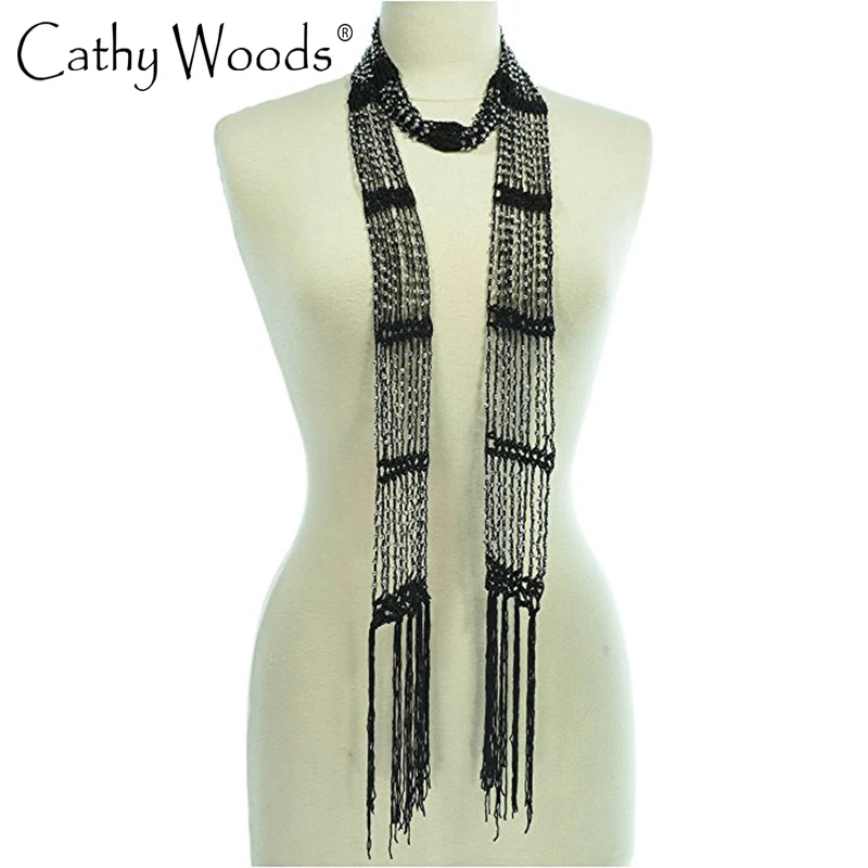 3 IN 1 Beaded Crochet Skinny Long Scarf Women's Handmade Skinny Scarf Elegant Neck Scarf with