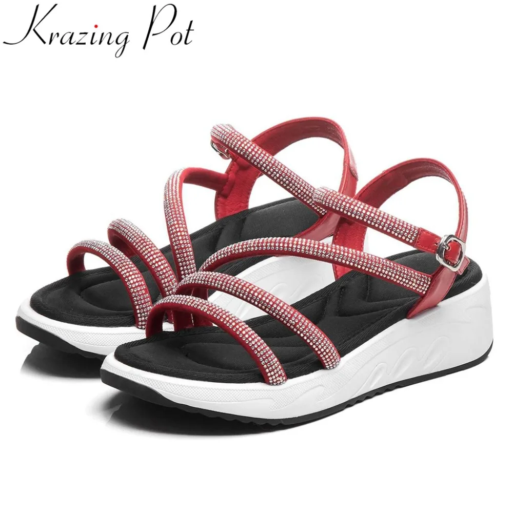

Krazing Pot British style office lady med bottom buckle strap cow leather crystals decoration gladiator shoes daily sandals L90