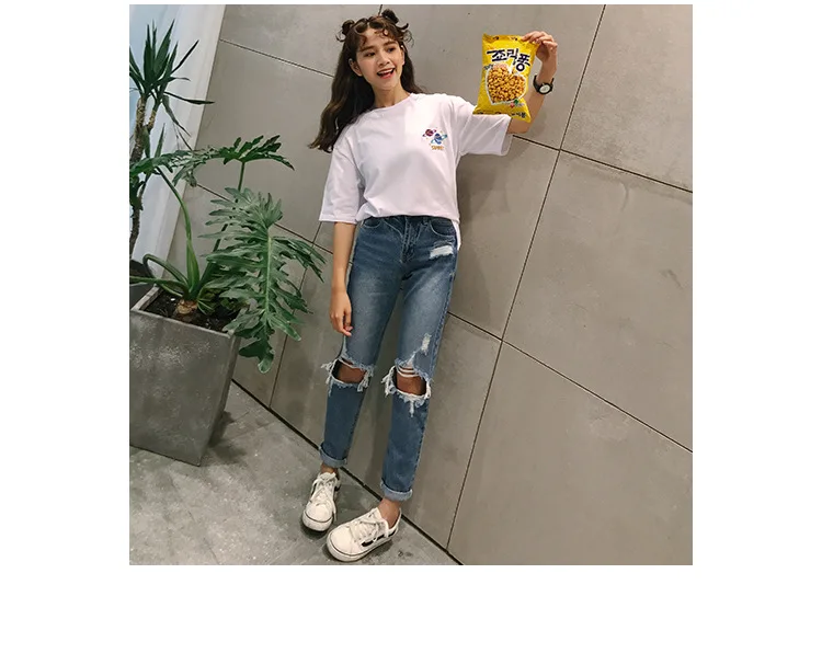 2018 Halajuku Cotton Planet Printed Letter Embroidered Loose Causal Short Sleeve Female T-shirts