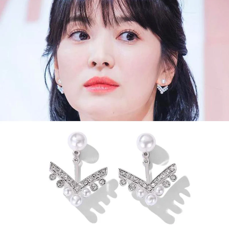 

S925 Silver Ear Needle Crown Earrings Fashion Mosaic AAA+ Zirconia V Shape Silver Studs Earrings With Pearl Jewelry For Women