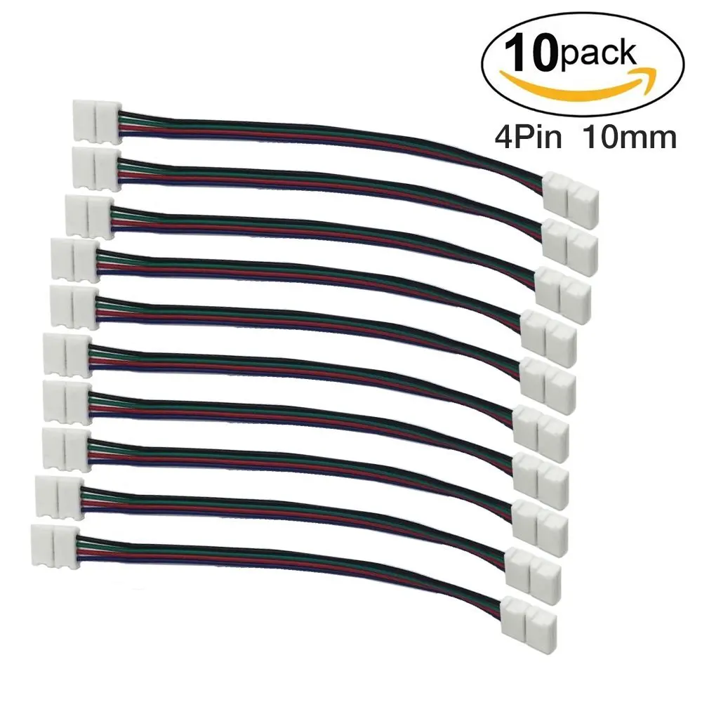 

10pcs Pack Strip to Strip with Wire Solderless Snap Down 4Conductor LED Strip Connector for 10mm Wide 5050 RGB Flex LED Strips