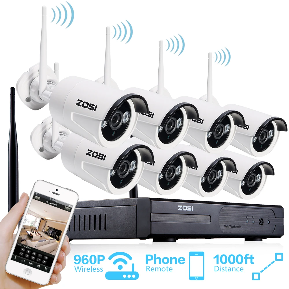 ZOSI 960P Auto-Pair Wireless System  8CH 960P Wifi NVR with 8* 1.3P 960P 100ft Night Vision Waterproof IP66 Bullet Camera