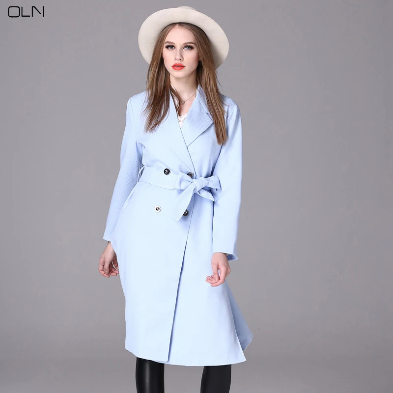 OLN Women's Fashion Europe Trench Coat Female Sky Blue Long Sleeves
