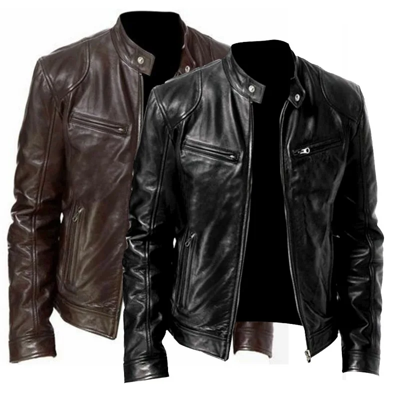 

WENYUGH 2019 NEW Fashion Autumn Male Leather Jacket Plus Size 3XL Black Brown Mens Stand Collar Coats Leather Biker Jackets