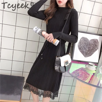 

Tcyeek Winter Sweater Elegant Dress for Women Clothes 2019 Korean Vintage Casual Knitted Lace Long Dress Ladies Vestidos LW463