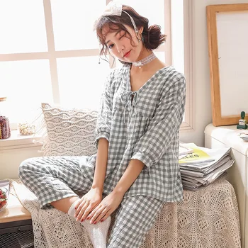 

Woman Pijama Set 2 Pieces Plaid Sleepwear Three Quarter Sleeve Cotton Pajamas Thin Casual Homewear Female Pajama Suit MA50136